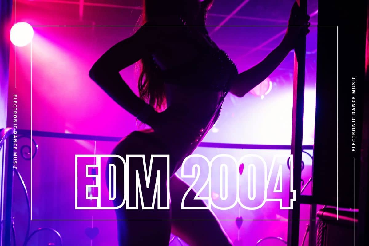 Silhouette of a beautiful woman in the club with the text "EDM 2002"