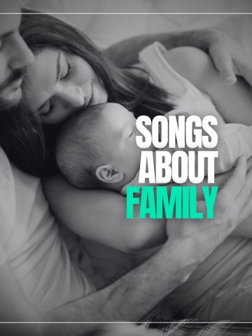 Happy family. Mother has baby in arms and lies sweetly against her husband with the words songs about family.