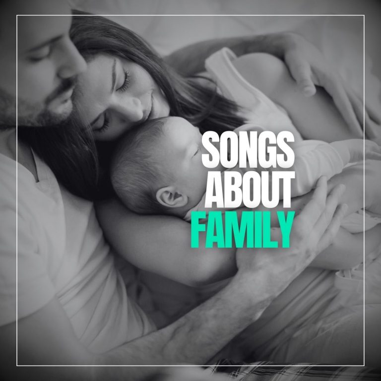 Happy family. Mother has baby in arms and lies sweetly against her husband with the words songs about family.