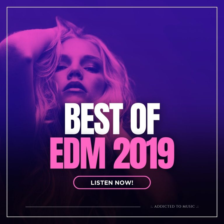 Beautiful young woman with her head back, stroking her hair with the words best of EDM 2019.