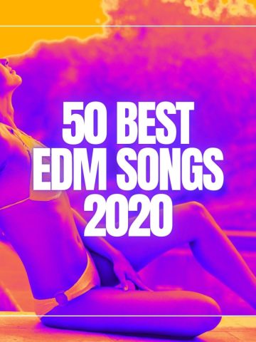 Beautiful woman sunbathing in bikini with her eyes closed on the side of the pool with the words 50 best EDM songs 2020.
