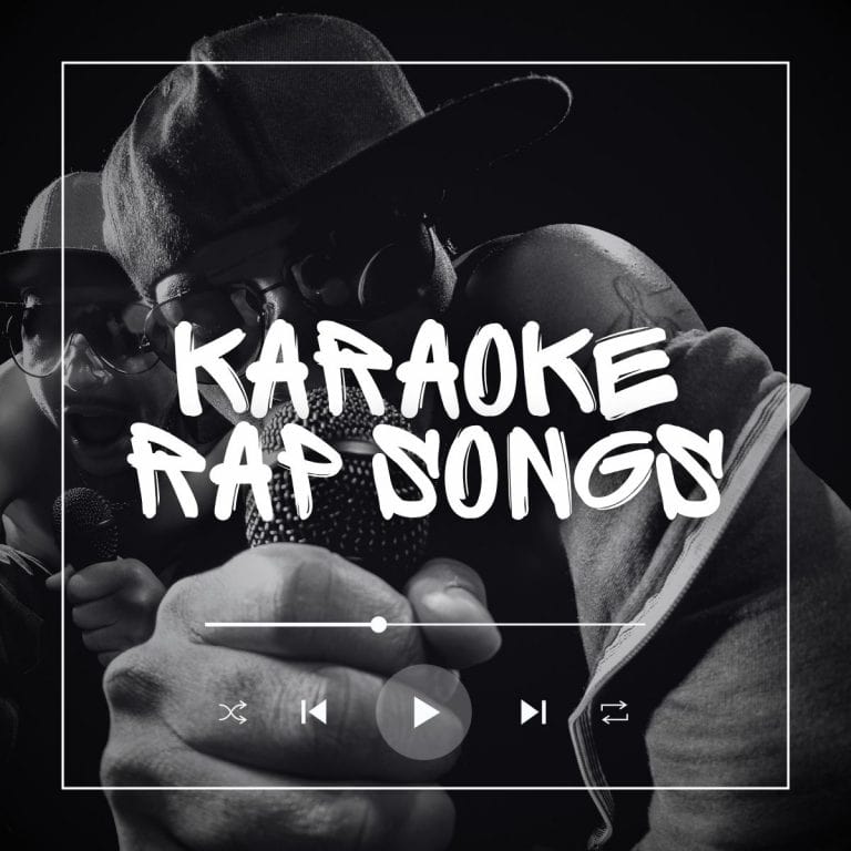 Two men wearing sunglasses and a cap holding a microphone with the text 'karaoke rap songs'.
