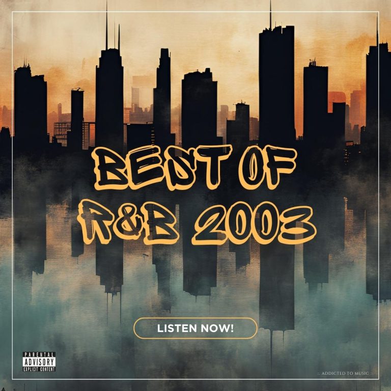 The skyline of a city by the water, in a grunge style with the text Best of R&B 2003. Listen now!