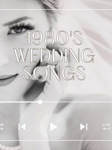 Beautiful bride with veil looking very happy into the camera with the lyrics '1980s wedding songs'.