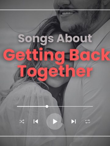 A couple holding each other tightly with the words "100 songs about getting back together".
