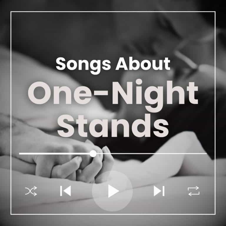 Man and woman lying on top of each other looking lovingly at each other while holding hands with the text 'songs about one-night stands'