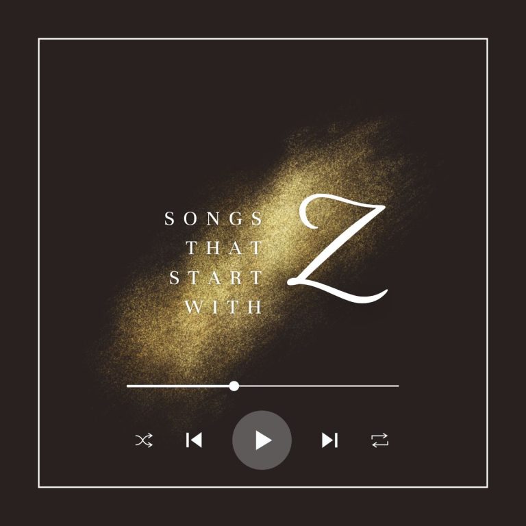 Black background with airbrushed gold glitter and the text songs that start with Z.
