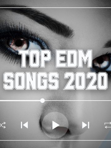 Beautiful woman looking into the camera with her brown eyes accompanied by the text 'top edm songs 2020'.