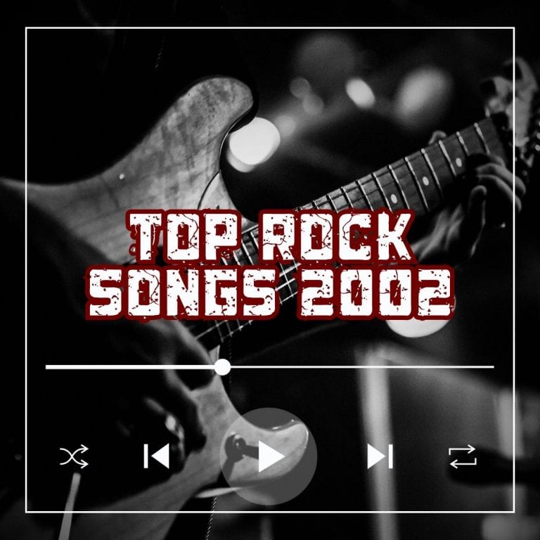 Electric guitar being played with the text 'top rock songs 2002' written on it.