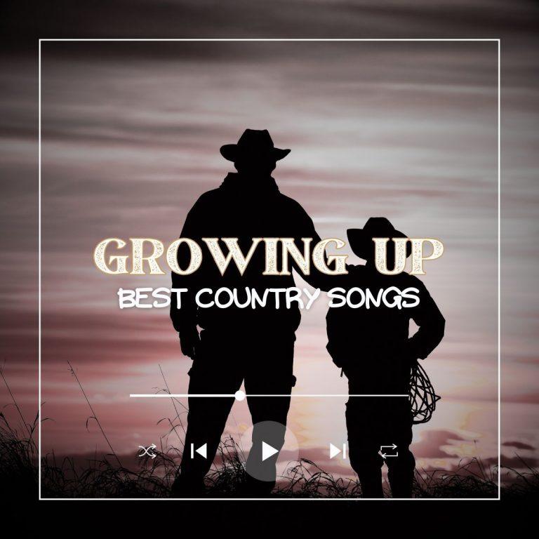 Silhoutte of father and son cowboy staring into the sunset with the text 'Growing up best country songs'