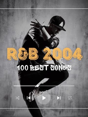 Man wearing a cap showing off his hip-hop dance moves and the text 'R&B 2004 100 best songs'