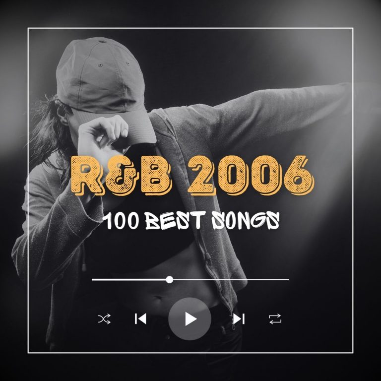 Girl wearing an open vest performing dance moves and holding her cap with text 'R&B 2006 100 best songs'.