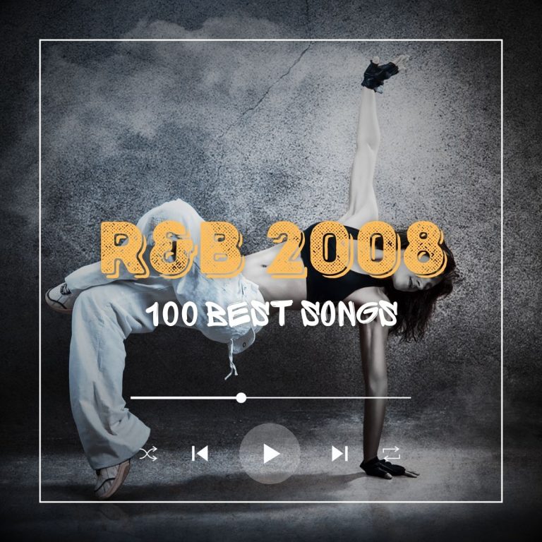 Beautiful young woman performing breakdance in her hip hop attire with the lyrics "R&B 2008 100 best songs".