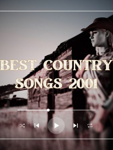 Cowgirl with a lasso over her shoulder standing in front of a barn looking over a grass field with the text "best country songs 2001'.