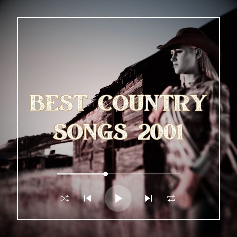 Cowgirl with a lasso over her shoulder standing in front of a barn looking over a grass field with the text "best country songs 2001'.