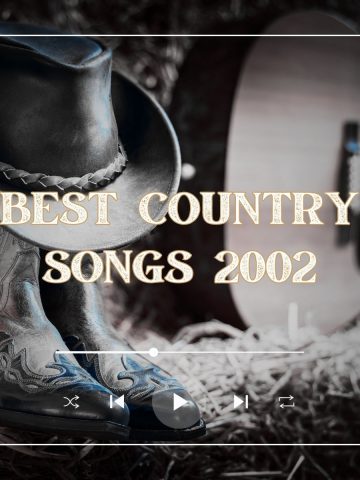 Cowboy hat atop a pair of cowboy boots on the straw with a guitar and the text "best country songs 2002" in the background.