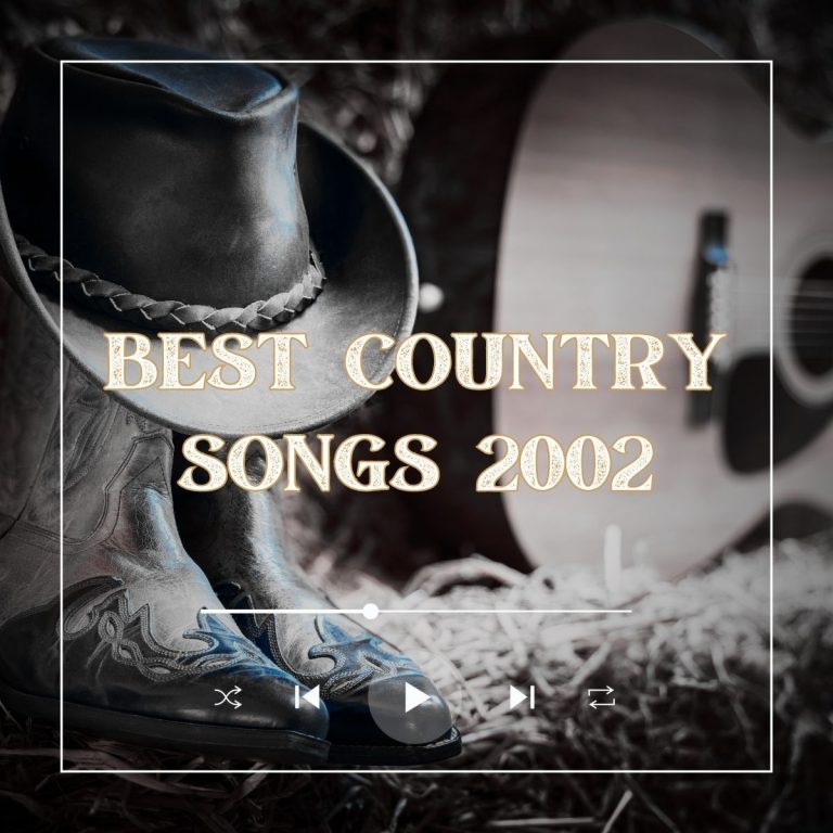 Cowboy hat atop a pair of cowboy boots on the straw with a guitar and the text "best country songs 2002" in the background.