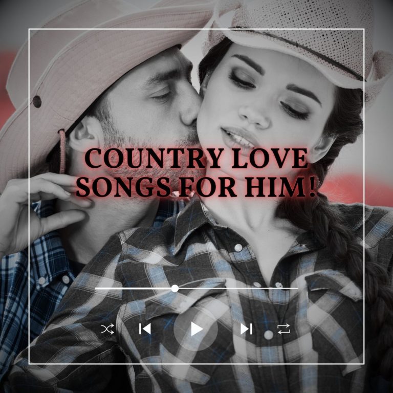 Beautiful cowboy couple where the man kisses the woman on the neck with his eyes closed with the text country love songs for him.