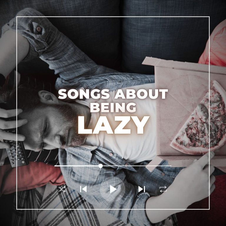 A man lies lazily on a couch with a remote control in his hand and a pizza box on his stomach, looking bored at the TV. With the text songs about being lazy.