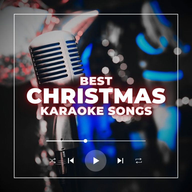 Mircophone on standard with Christmas decorations and a woman in a Santa suit in the background. With the text 'best christmas karaoke songs'.