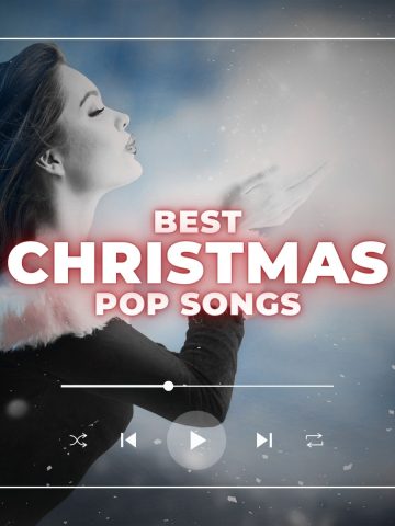 Beautiful woman in Santa suit blowing snow from her hands into the air with the words best Christmas pop songs.