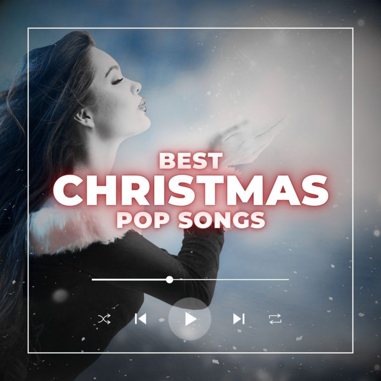 Beautiful woman in Santa suit blowing snow from her hands into the air with the words best Christmas pop songs.