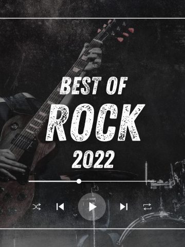 Man playing his electric guitar passionately with a drum set in the foreground. With the text 'best of rock 2022'.