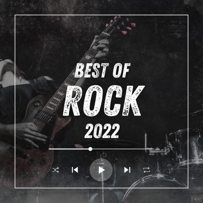 Man playing his electric guitar passionately with a drum set in the foreground. With the text 'best of rock 2022'.