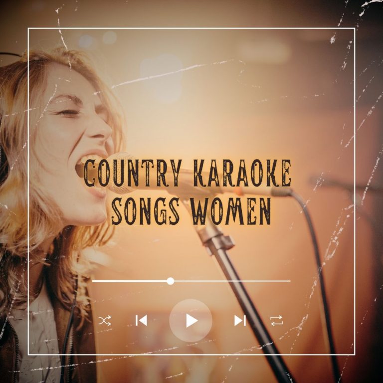 Woman with microphone singing along loud with a country song and the text 'country karaoke songs women'.