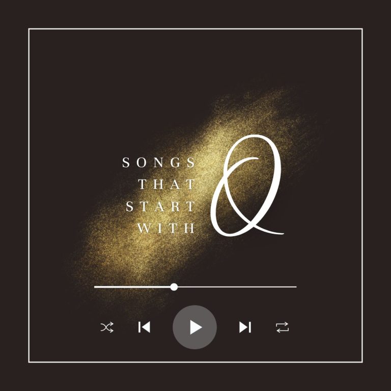 Black background with airbrushed gold glitter and the text songs that start with Q.