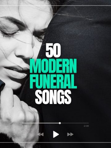 Woman pressing her head firmly against her husband's shoulder and being held firmly with the words best modern funeral songs.