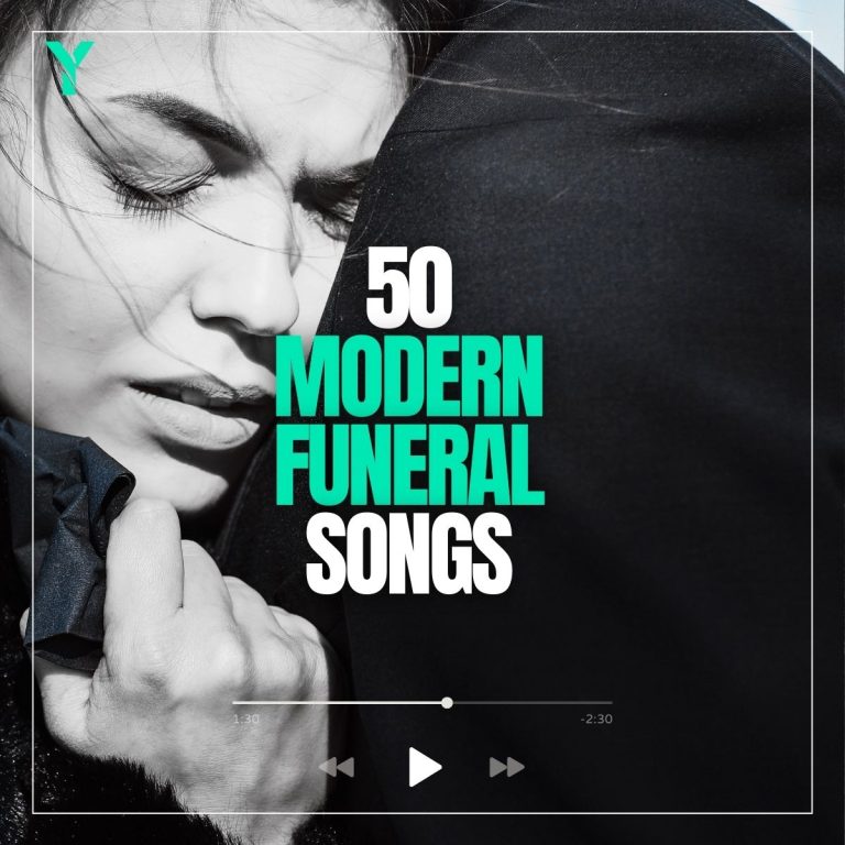 Woman pressing her head firmly against her husband's shoulder and being held firmly with the words best modern funeral songs.