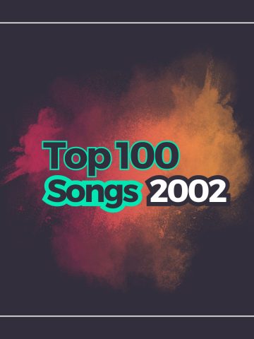 Dark background with a frame and the text top 100 songs 2002 with a powder explosion of bright colors behind it.