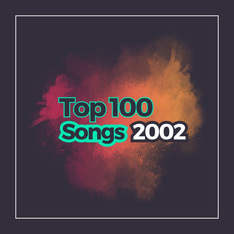 Dark background with a frame and the text top 100 songs 2002 with a powder explosion of bright colors behind it.