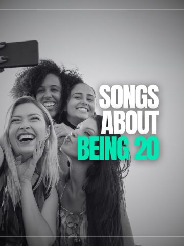 Four happy girlfriends celebrating a birthday and taking a selfie with the words songs about being 20.