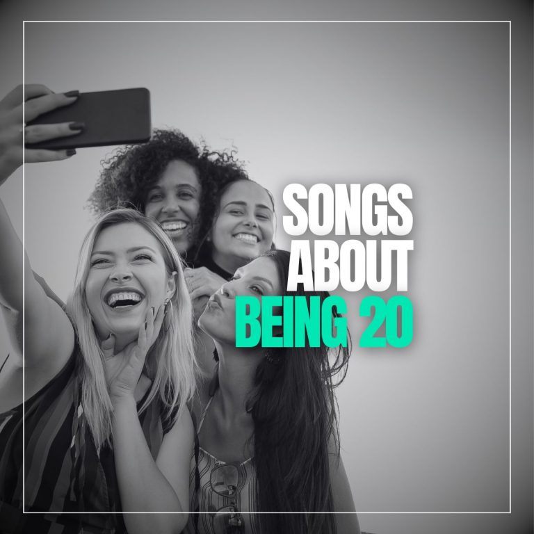 Four happy girlfriends celebrating a birthday and taking a selfie with the words songs about being 20.