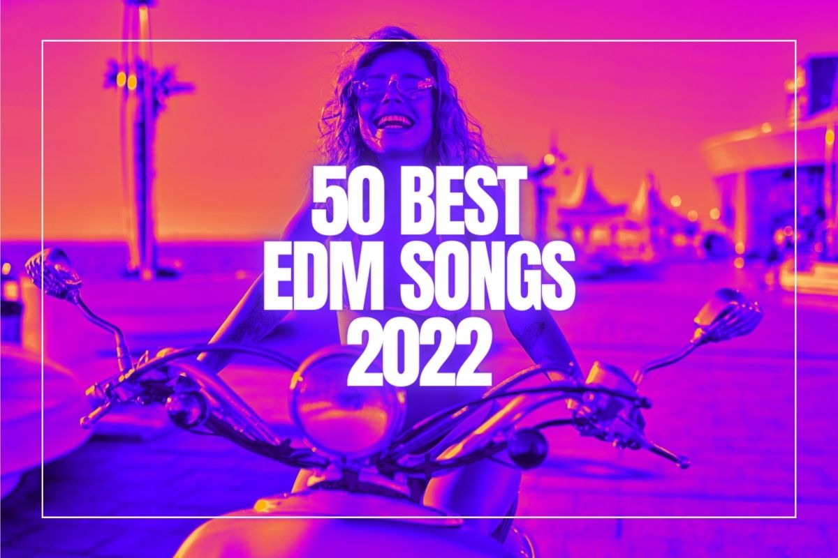 Young beautiful woman smiling and riding a motorcycle in bikini on the boulevard in the sun with the words 50 best dance songs 2022.