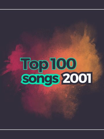 Dark background with a frame and the text top 100 songs 2001 with a powder explosion of bright colors behind it.