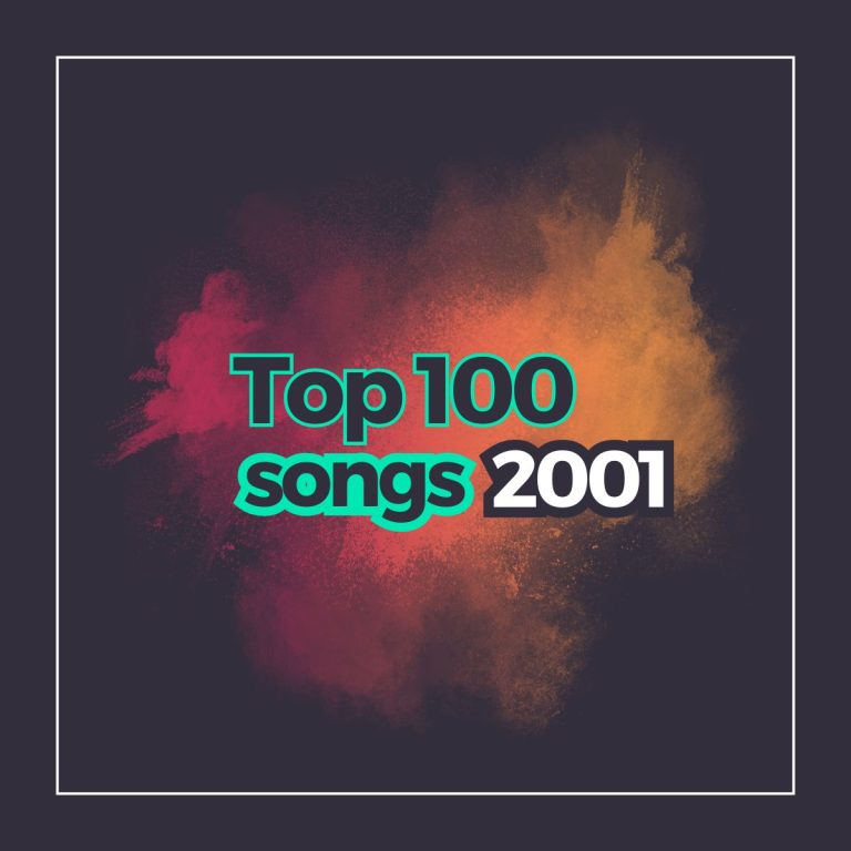 Dark background with a frame and the text top 100 songs 2001 with a powder explosion of bright colors behind it.