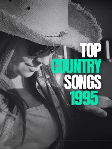 Young woman with cowboy hat and sunglasses, smiling looking down with the text top country songs 1995.