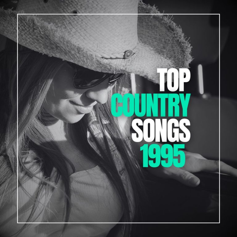 Young woman with cowboy hat and sunglasses, smiling looking down with the text top country songs 1995.