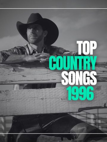Cowboy leaning over a wooden fence looking ahead with the words top country songs 1996.