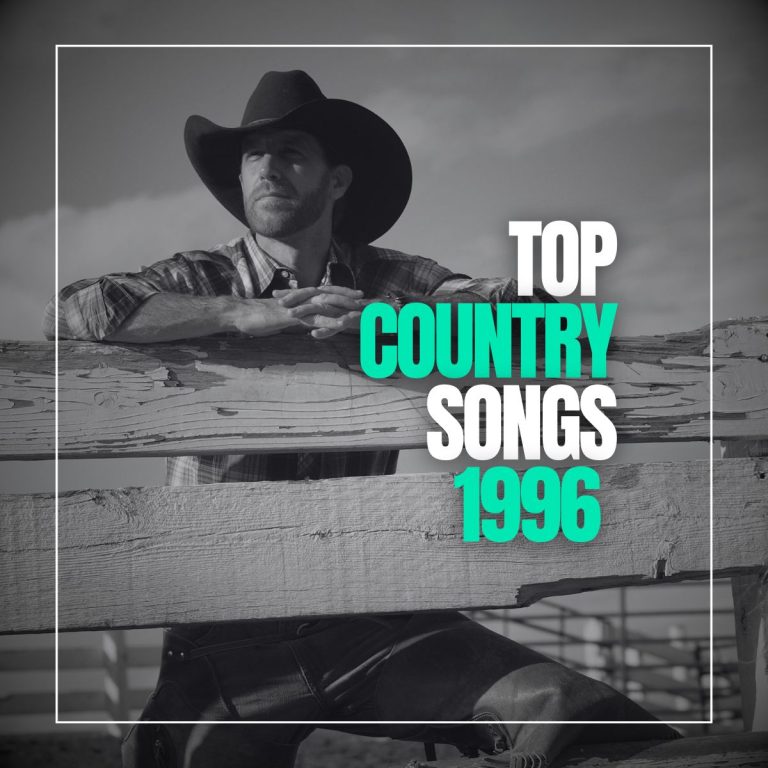 Cowboy leaning over a wooden fence looking ahead with the words top country songs 1996.
