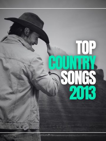 A man wearing denim jeans and denim jacket holding his cowboy hat with his hand at sunrise with the words top country songs 2013.