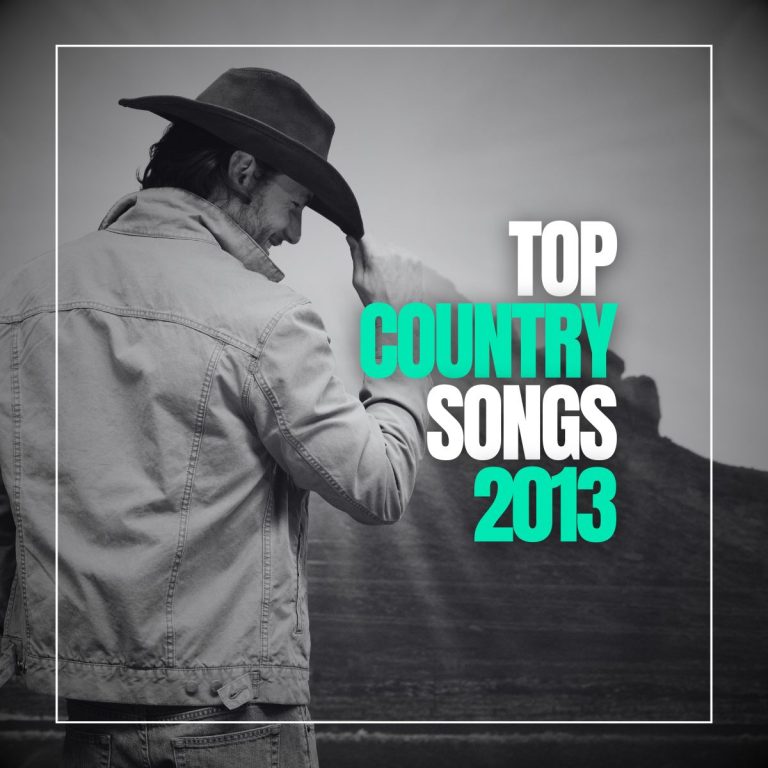 A man wearing denim jeans and denim jacket holding his cowboy hat with his hand at sunrise with the words top country songs 2013.
