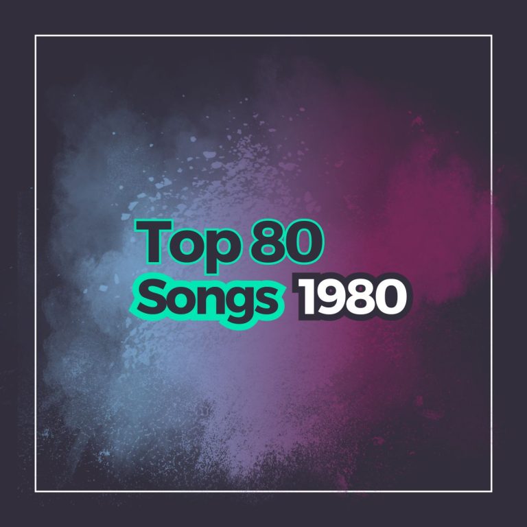 Dark background with a frame and the text top 80 songs 1980 with a powder explosion of bright colors behind it.
