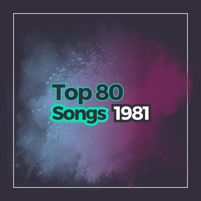 Dark background with a frame and the text top 80 songs 1981 with a powder explosion of bright colors behind it.
