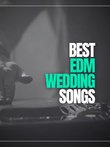 Deejay with hand on turntable scratching and text best edm wedding songs.