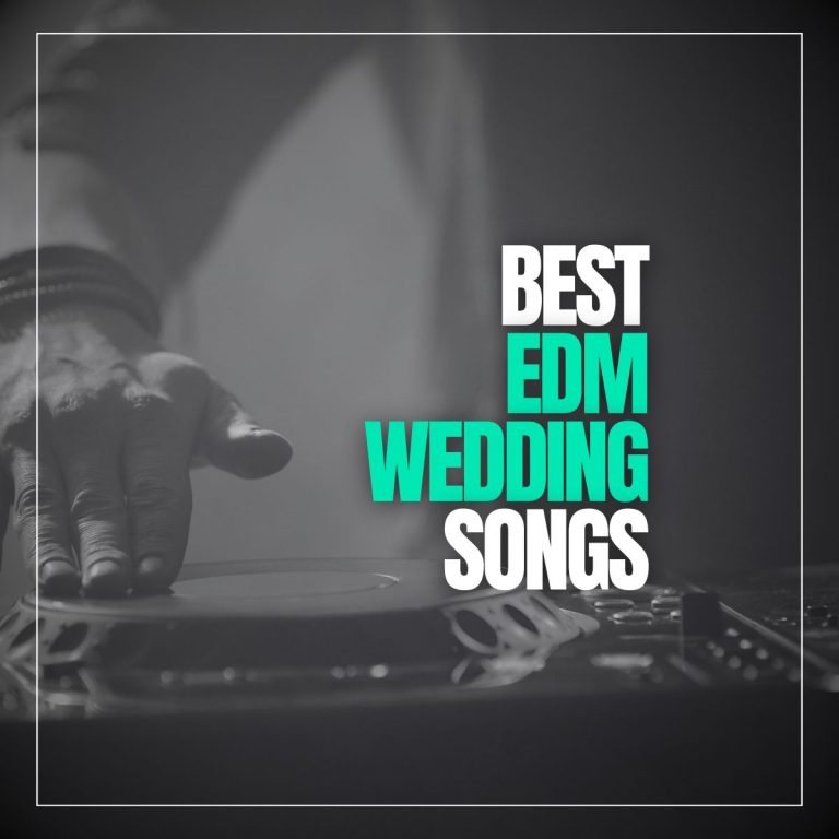 Deejay with hand on turntable scratching and text best edm wedding songs.
