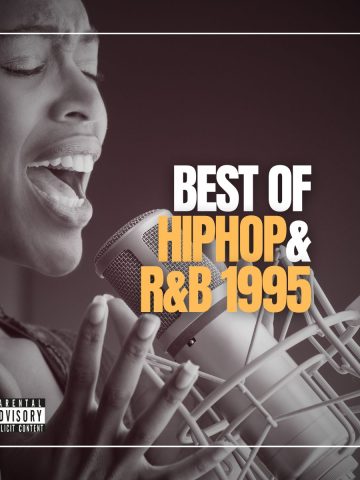 Beautiful dark female R&B artist singing passionately with her eyes closed into a microphone with the words Best of Hip-Hop & R&B 1995.